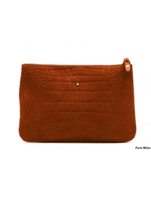 Pochette en suede style croco et cuir camel Mila Louise