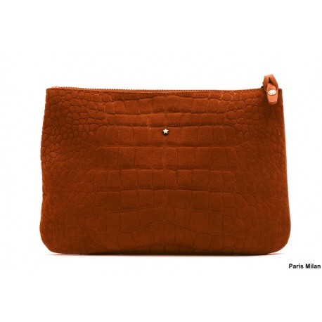 Pochette en suede style croco et cuir camel Mila Louise