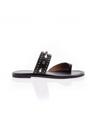 Lola Cruz sandales plates en cuir noir inrustation bijoux