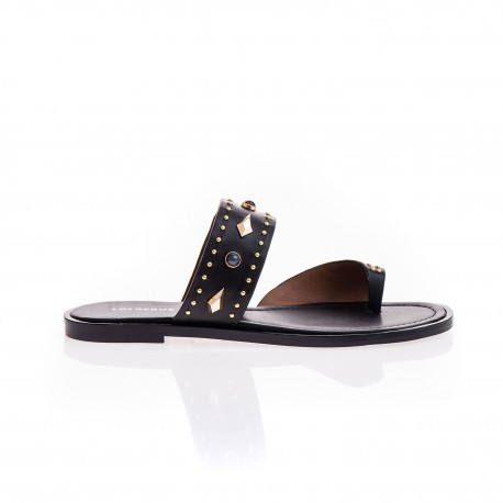 Lola Cruz sandales plates en cuir noir inrustation bijoux