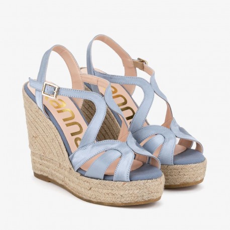 Kanna sandales compensées en satin bleu et talon en corde