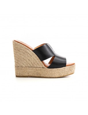 Kanna mules compensées noire en cuir et corde