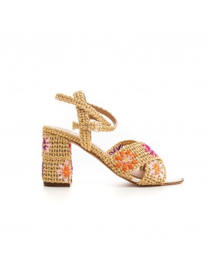 Fiorina sandales à talon en raphia beige fleuri