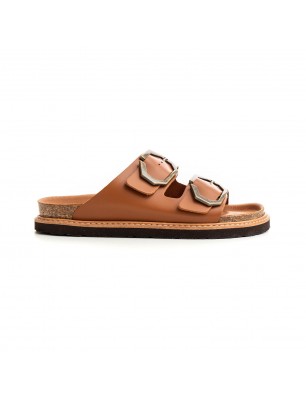 Genuins mules en cuir camel avec boucles