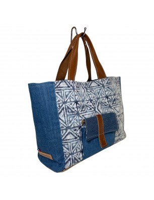 Le sac by E.T.C cabas en jeans et textile nid d'abeille blanc