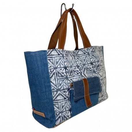 Le sac by E.T.C cabas en jeans et textile nid d'abeille blanc